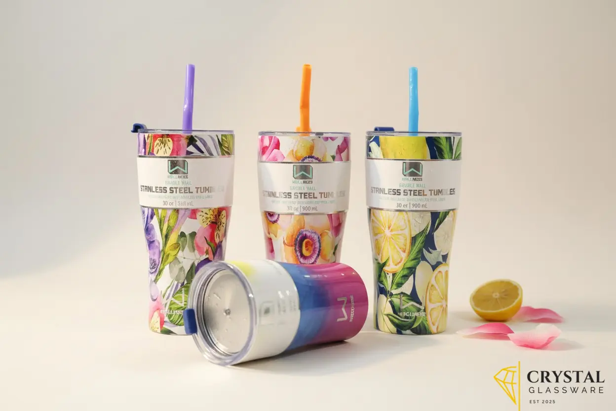 Wellness Double Wall Stainless Steel Tumblers with a 30 oz (900 mL) capacity and vibrant floral or citrus prints